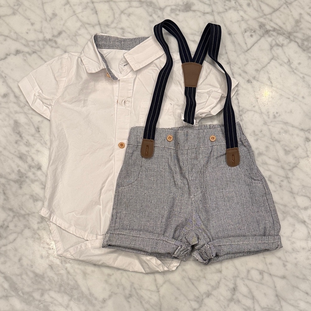 Kids White Button-Up Shirt with Gray Shorts and Navy Suspenders